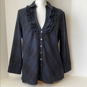 Joie | ruffled v-neck long sleeve button-down with collar in blue & black plaid